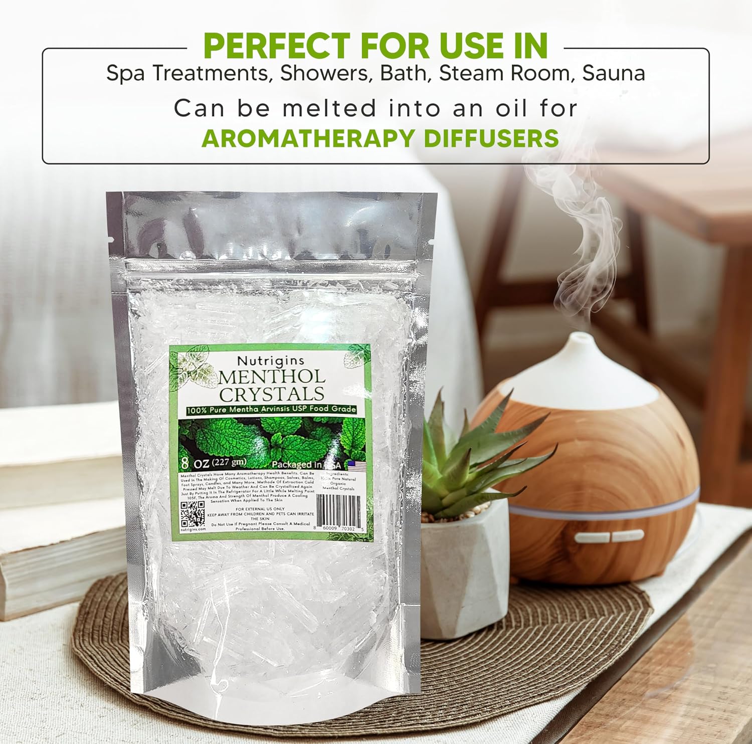 Menthol Crystal 8 Oz - Pure Organic 100% Natural - Menthol Crystals from Mint Mentha Arvensis - Comes in Resealable Standup Bag for Long-Lasting Freshness