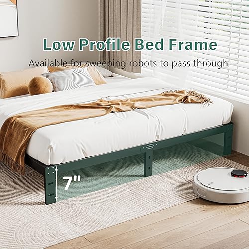 Miniatura 5 de Marco de cama de metal, plataforma de 7 pulgadas, resistente, perfil bajo, no necesita somier, fácil montaje, color negro