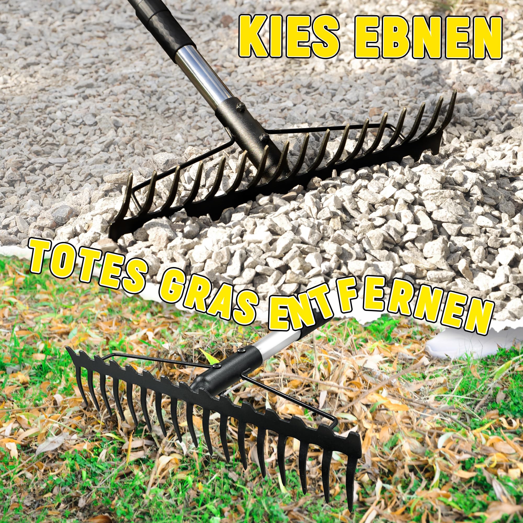 Gartenrechen, 1,7m Metallrechen mit 17 Stahlzinken, Harke mit Edelstahlgriff zum Lockern von Boden und Nivellieren von Rasen, Laubbesen, Rasenrechen, Heurechen für Rasen und Blätter