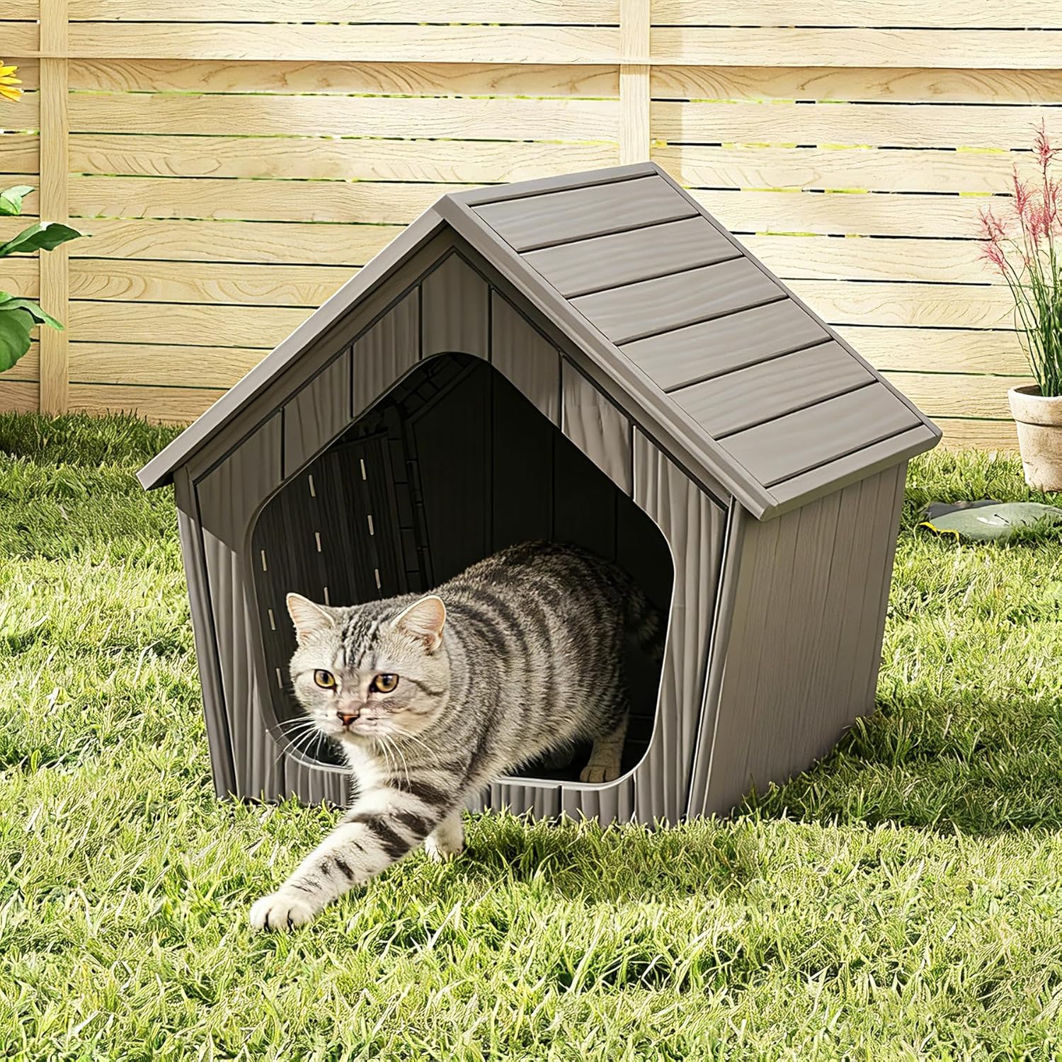 LHBcraft Outdoor Cat House Weatherproof, Clawsable Cat Houses for Outdoor Indoor Cats, Feral Cat House Shelter, Resin Insulated Material, Emergency Exit Easy to Clean and Install, Black