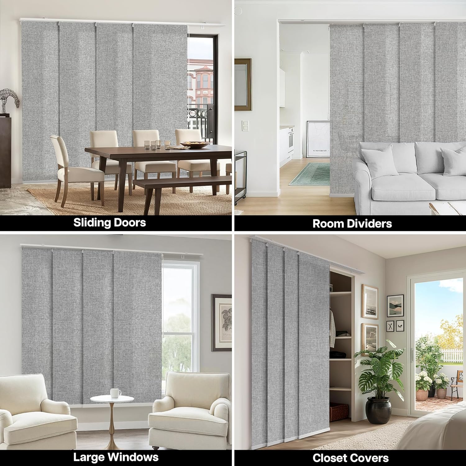 4-Panel Replacement Fabric for Sliding Panel Track Blinds – 23" W x 96" L – Fabric Only – Pre-Attached Hook & Loop Fasteners – Trimmable, No Bottom Rail Included, Light Filtering - Grey