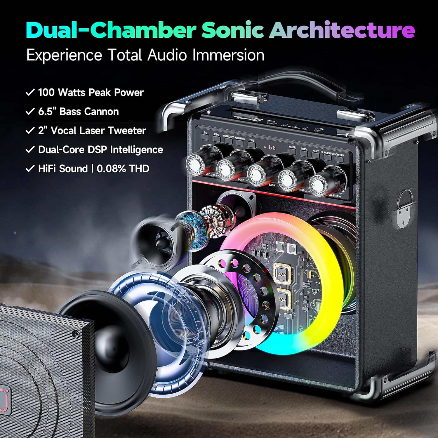 Karaoke Machine for Adults with 2 Wireless Microphones, Portable Bluetooth 5.3 Speaker with Bass/Treble/Echo Adjustment, PA System with Remote Control, Supports TWS/TV/TF Card/USB/AUX - Image 2