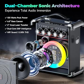 Karaoke Machine for Adults with 2 Wireless Microphones, Portable Bluetooth 5.3 Speaker with Bass/Treble/Echo Adjustment, PA System with Remote Control, Supports TWS/TV/TF Card/USB/AUX (Black)