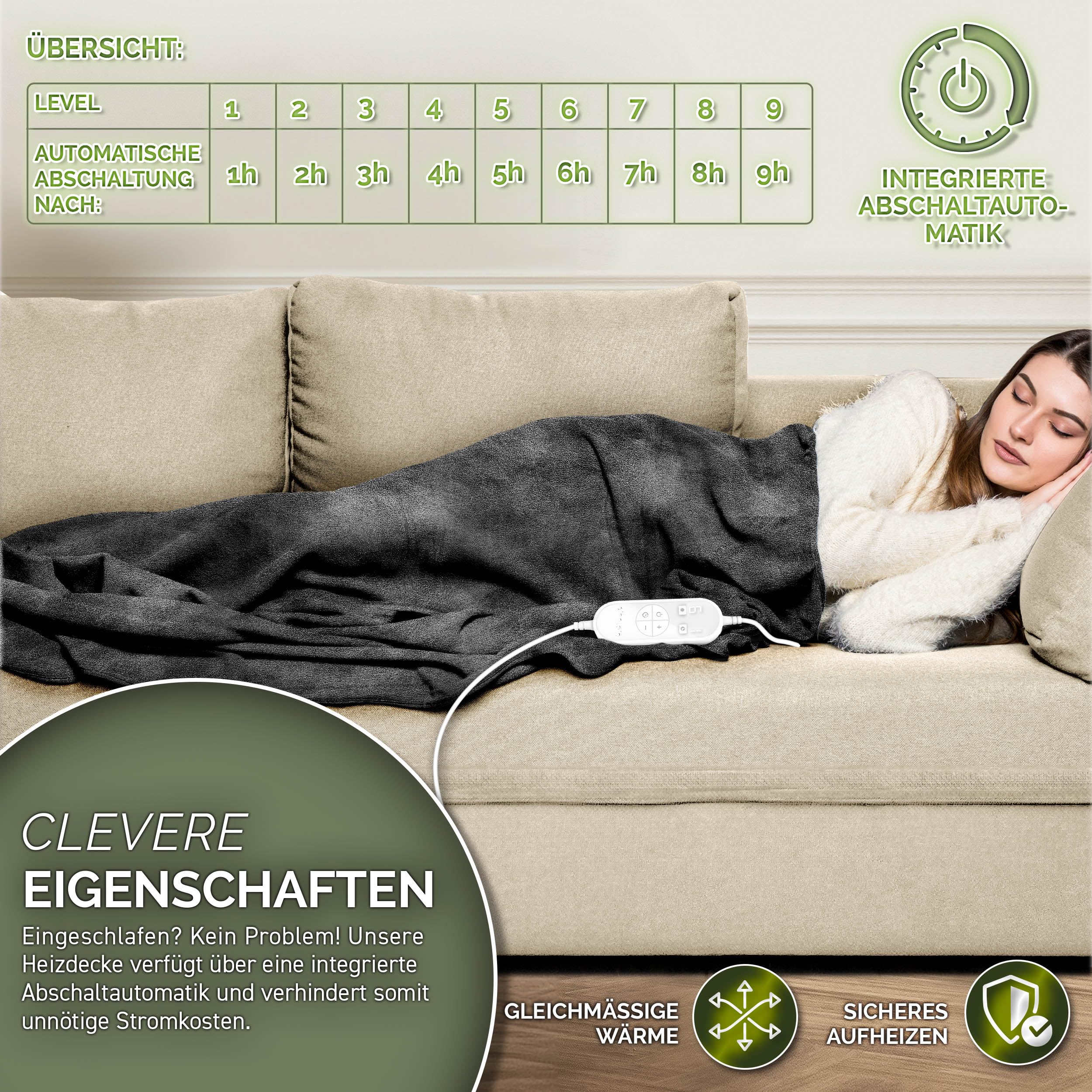 sinnlein® Heizdecke aus Plüsch 200 x 180 cm | elektrische Wärmedecke mit Abschaltautomatik | Kuscheldecke | Timerfunktion | 9 Temperaturstufen | waschbar bis 40°C | Digitalanzeige