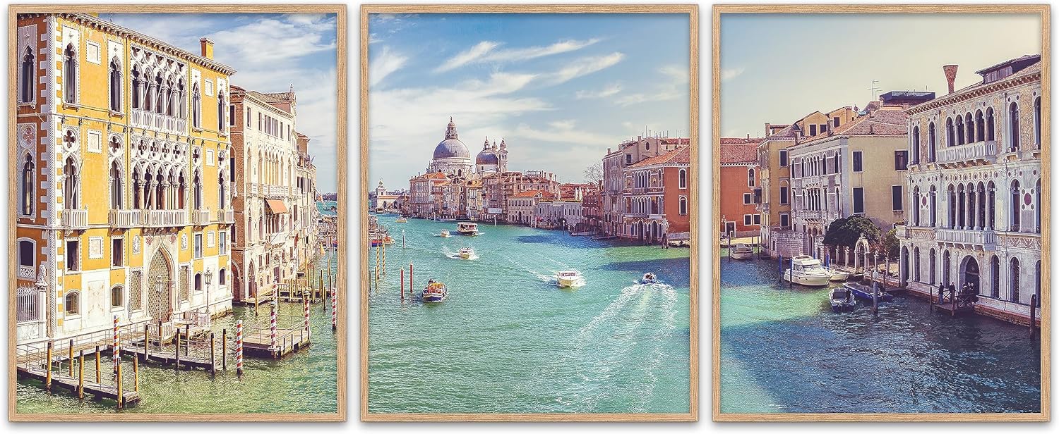 Venice Panoramic Photography Prints, Unframed, Set of 3, Boats, Canal, Coastal Home and Wall Decor, 8x10 Inches