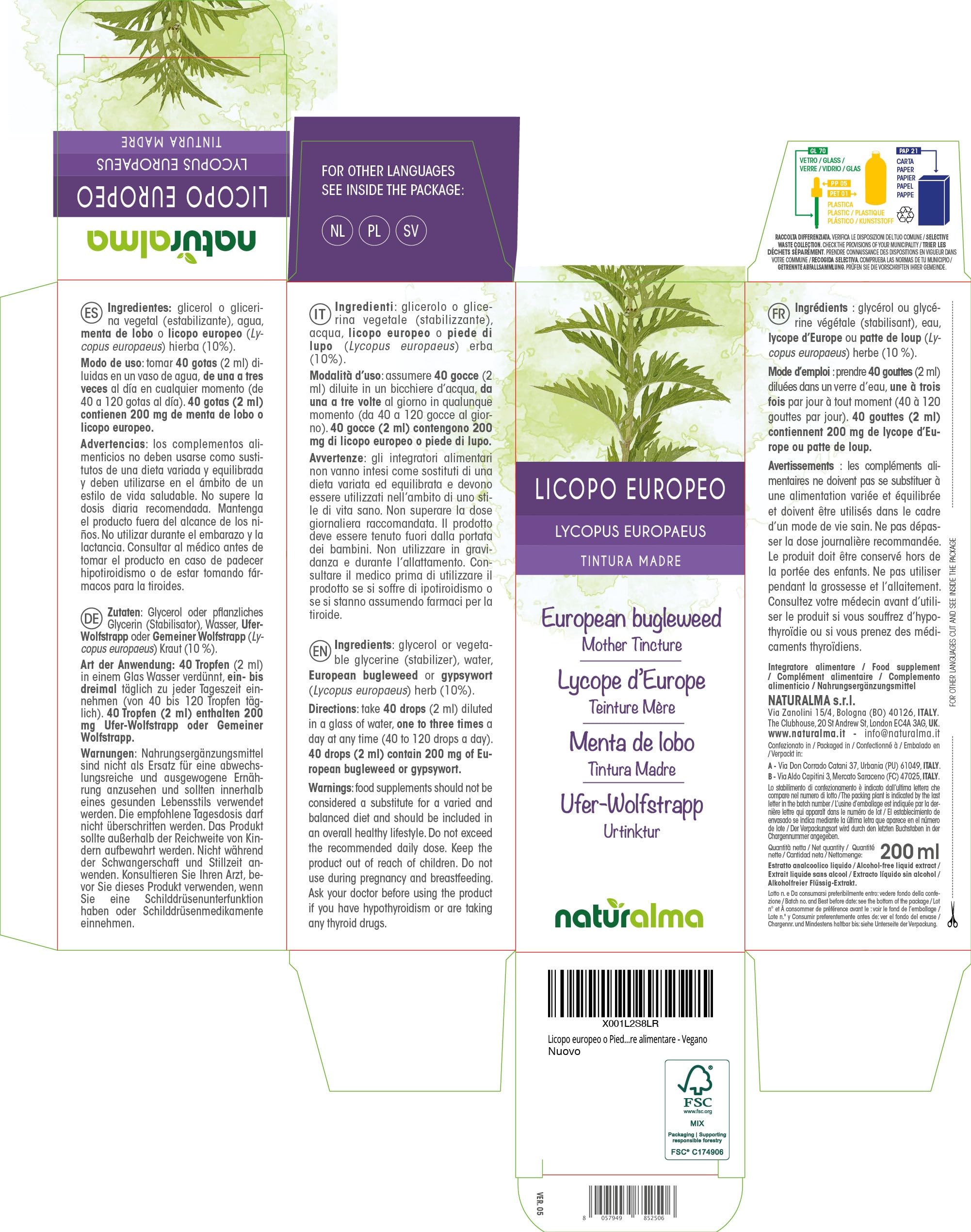 Ufer-Wolfstrapp oder Gemeiner Wolfstrapp (Lycopus europaeus) Kraut Alkoholfreier Urtinktur Naturalma - Flüssig-Extrakt Tropfen 200 ml - Nahrungsergänzungsmittel - Veganer
