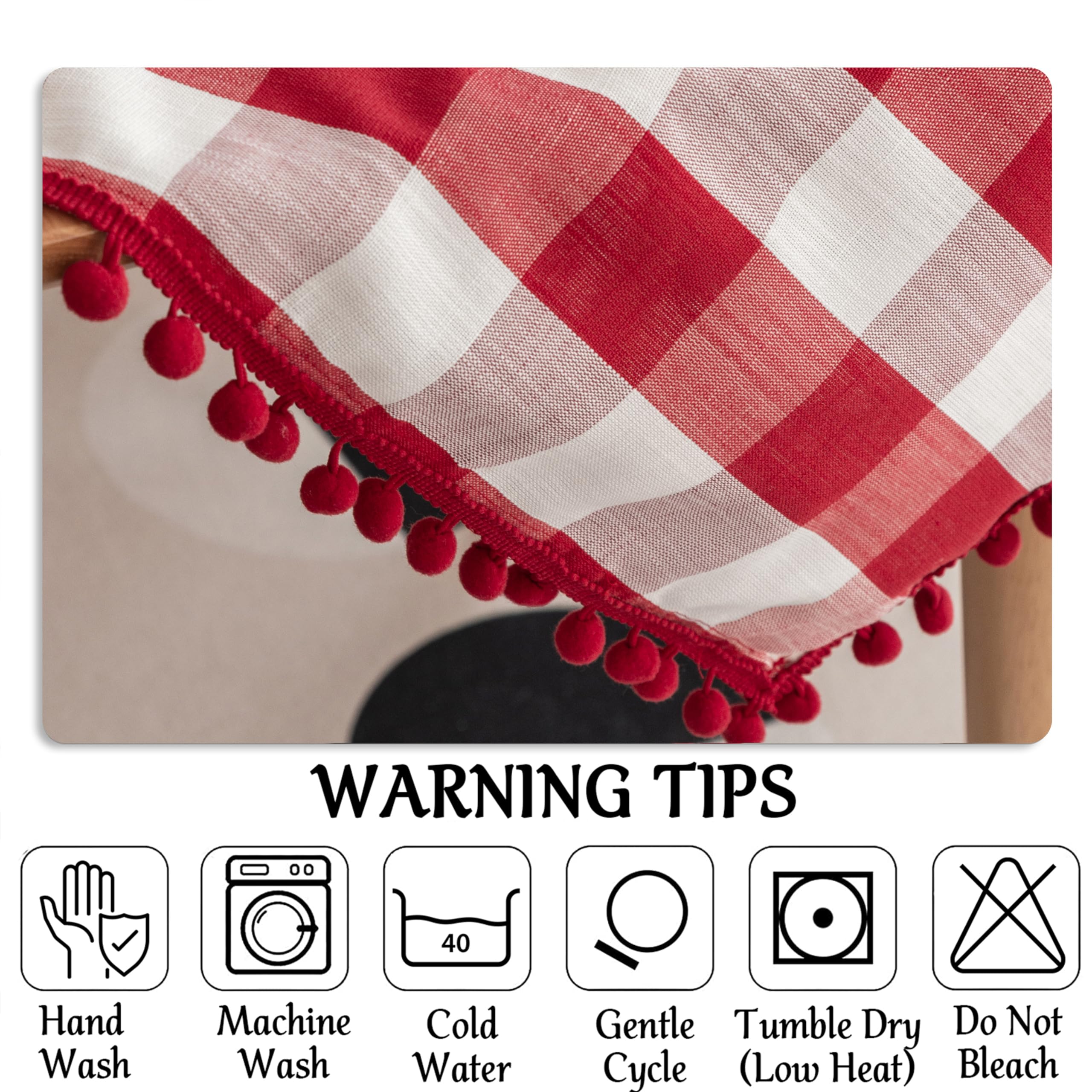 Jubilantex Mantel rectangular con pompones, color rojo y blanco, con pompones, con textura de lino rústico, con borlas, para mesa de comedor de cocina, 60 x 84 pulgadas