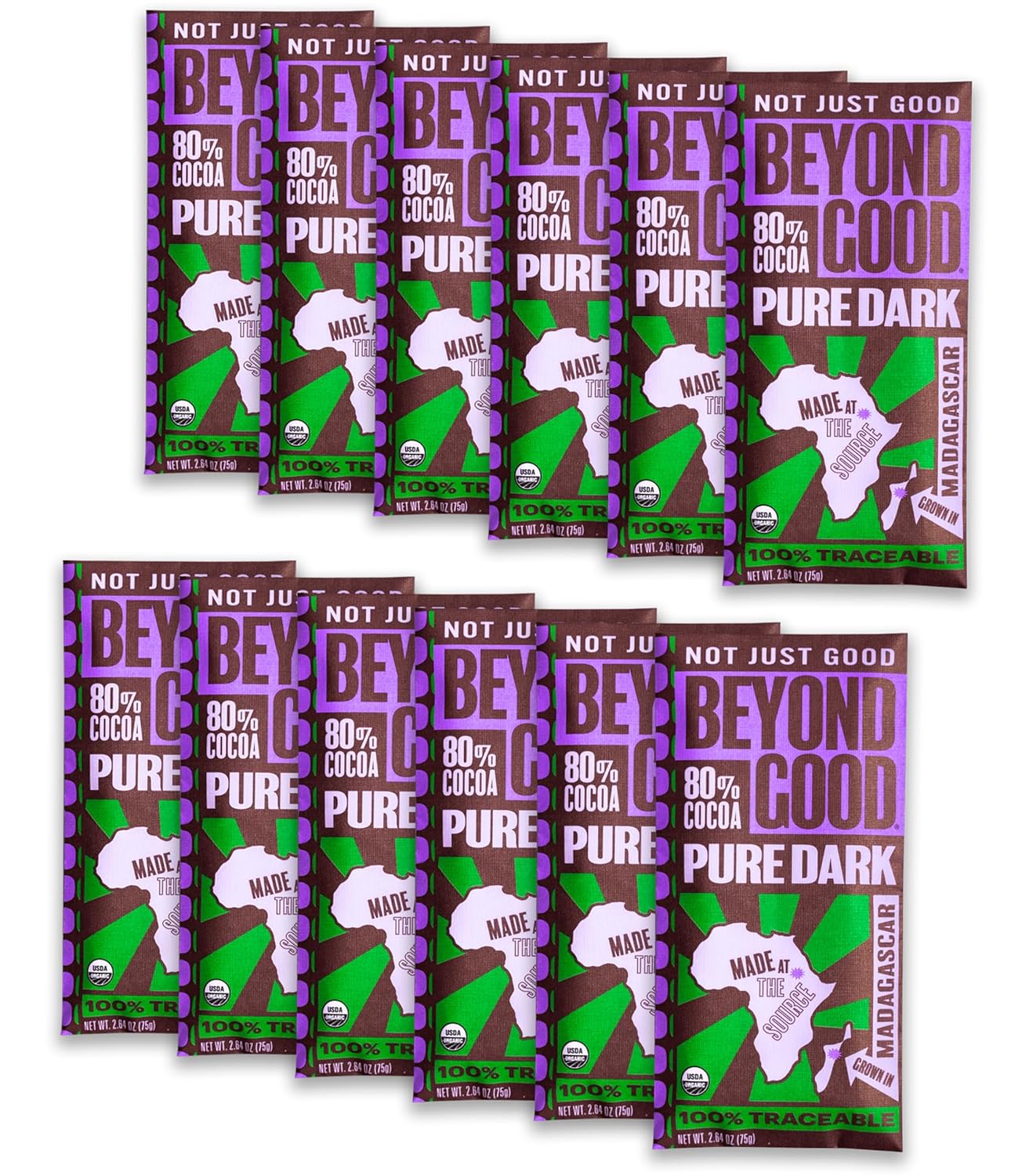 Beyond Good 80% Cocoa Pure Dark Chocolate | 12 Pack - Chocolate Bars | Organic, Direct Trade, Vegan, Kosher, Non-GMO | Single Origin Heirloom Madagascar Dark Chocolate