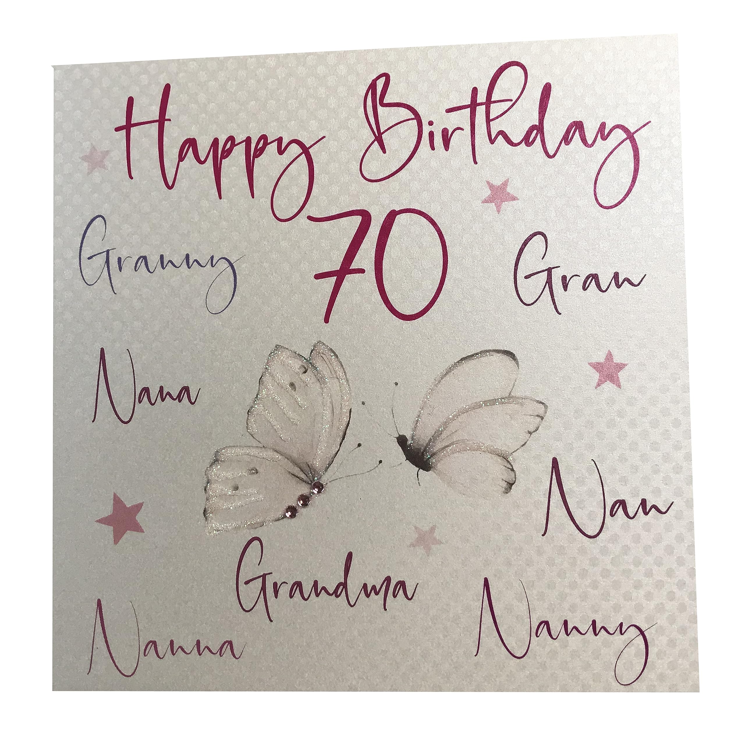 WHITE COTTON CARDS nanna,nan,nana,gran,granny,nanny,grandma, Happy 70" Handmade 70th Birthday Card, Butterflies White, wb125-70