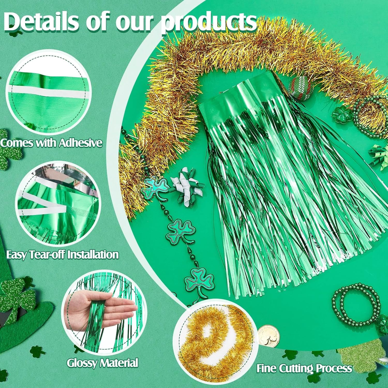 Crowye 10 Pcs St. Patrick's Day Parade Float Decorations St. Patrick's Day Car Decorations Include Foil Fringe Skirt and Foil Fringe Garland for Parade Float Car Golf Decorations