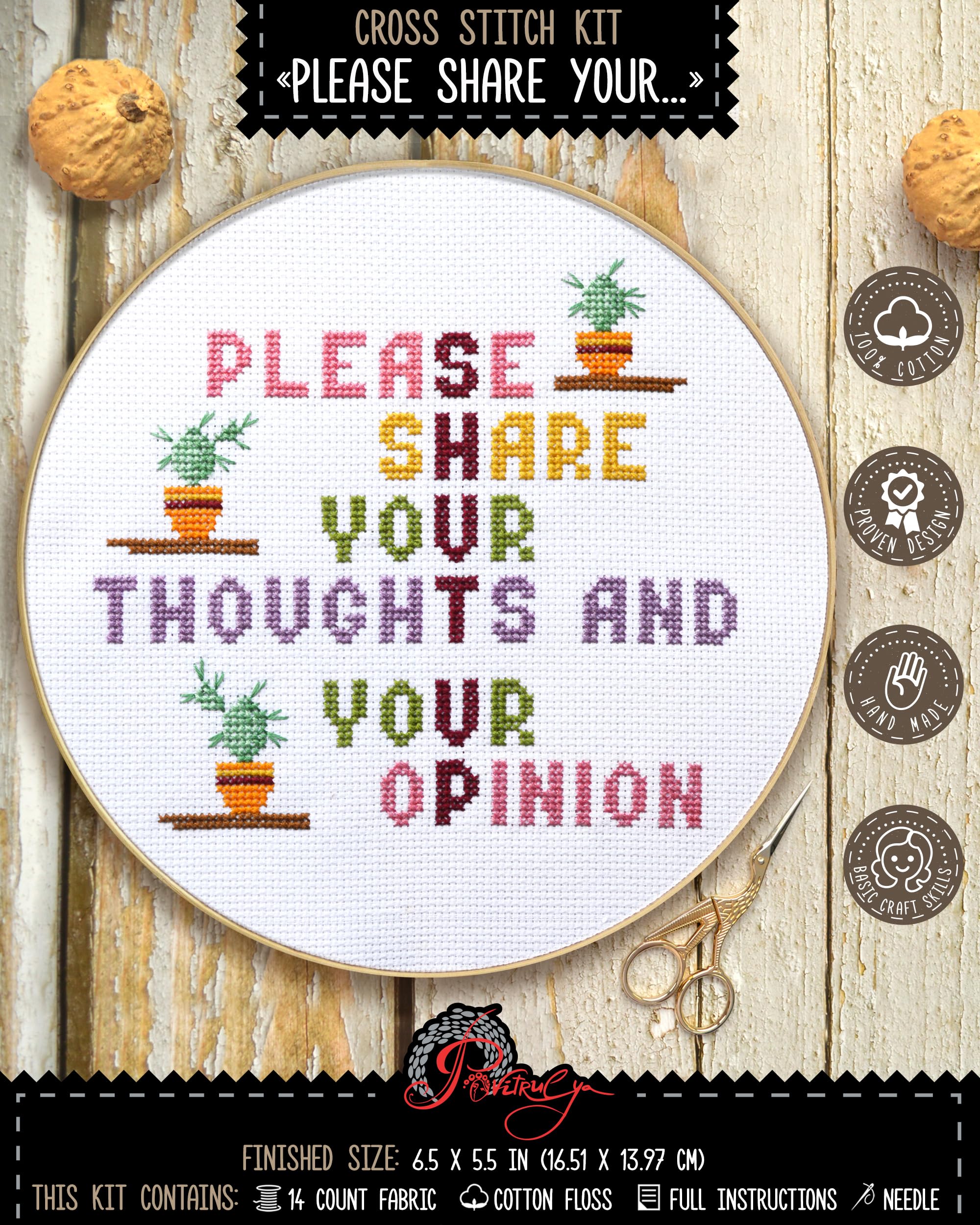 Povitrulya Please Share Your... Sarcastic Cross Stitch Kit For Adults – “Please Share Your Thoughts And Your Opinion” Funny Quote Embroidery Set – Hidden Message Design, Modern Counted Cross Stitch Home Decor