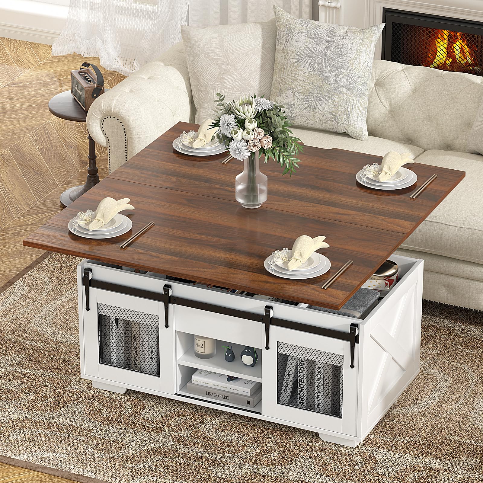 VOWNER Table Basse Relevable Extensible Table à Manger Noyer | Style ferme 3 en 1 pour salon, rangement caché avec portes coulissantes