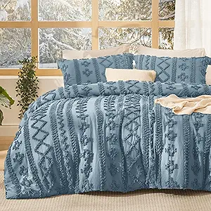 Bedsure Tufted Boho Comforter Set King Size - Grayish Blue Boho Bed Set, GentleSoft™ 3 Pieces Farmhouse Shabby Chic Embroidery Bedding, Gifts for Woman, Soft Jacquard King Comforter for All Seasons