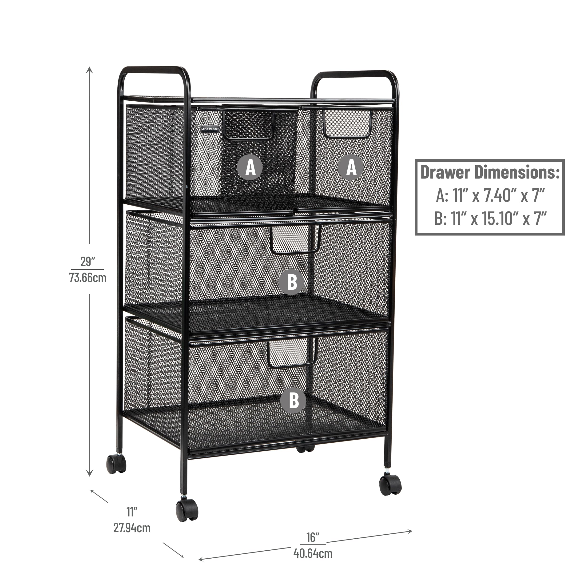 Mind Reader Carrello con cassetti, organizer per lavanderia, carrello multiuso, bagno, cucina, rete metallica, 40,6 cm L x 27,9 cm L x 73,9 cm H, nero
