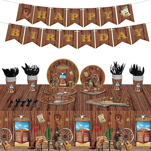 172 piezas de suministros de fiesta occidental sirven para 24, incluye mantel de vaquero, pancarta de feliz cumpleaños occidental, platos de