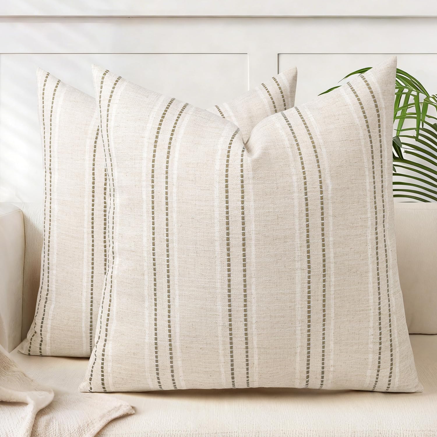 AELS 22x22 Decorative Farmhouse Linen Throw Pillow Covers, Boho Textured Pillow Case, Set of 2, Beige with White & Brown Stitch Yarn Dyed Stripe Cushion Cover for Sofa Couch Living Room (Cover ONLY)
