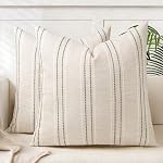 AELS 20x20 Decorative Farmhouse Linen Throw Pillow Covers, Boho Textured Pillow Case, Set of 2, Beige with White & Gray Stitch Yarn Dyed Stripe Cushion Cover for Sofa Couch Living Room (Cover ONLY)