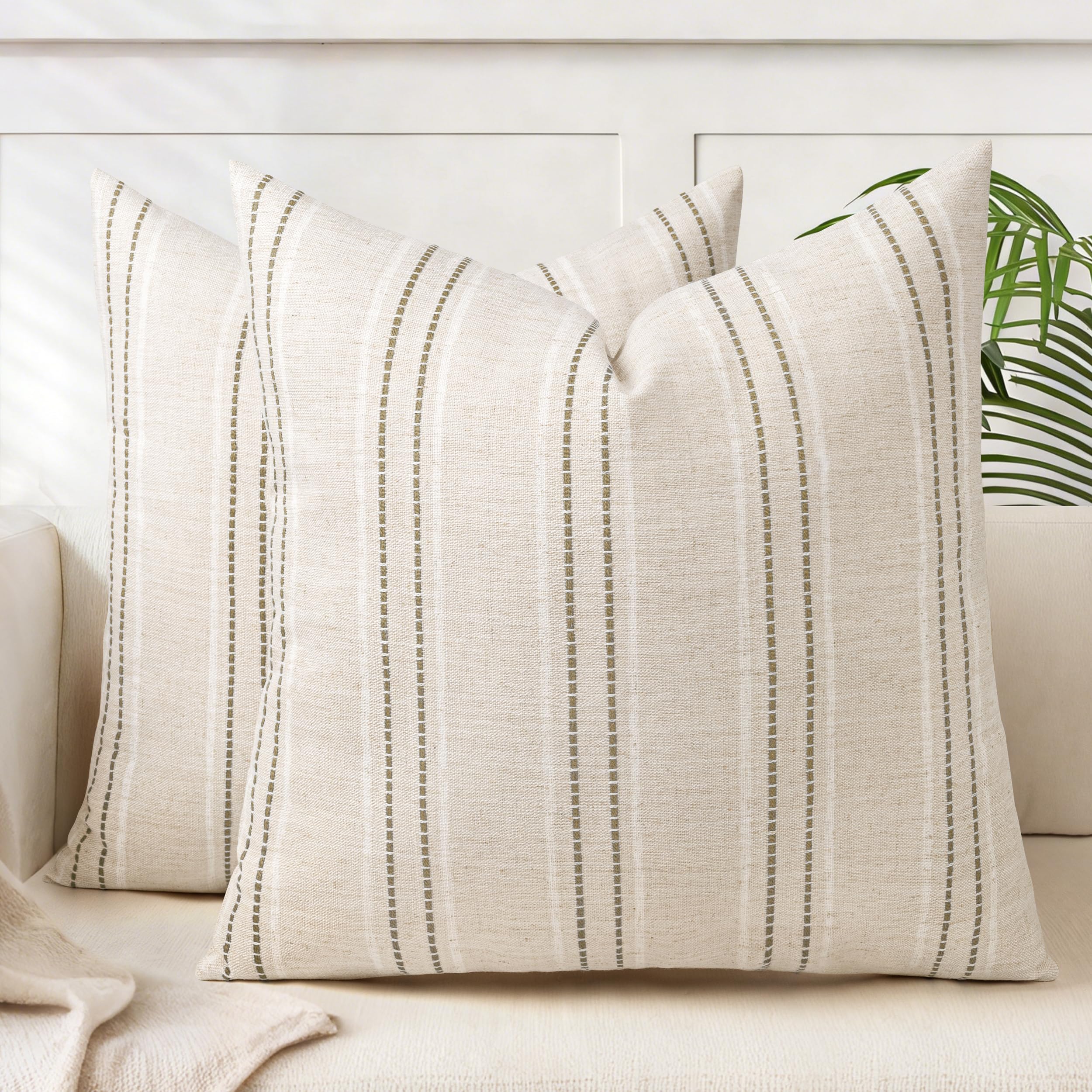 AELS 22x22 Decorative Farmhouse Linen Throw Pillow Covers, Boho Textured Pillow Case, Set of 2, Beige with White & Brown Stitch Yarn Dyed Stripe Cushion Cover for Sofa Couch Living Room (Cover ONLY)