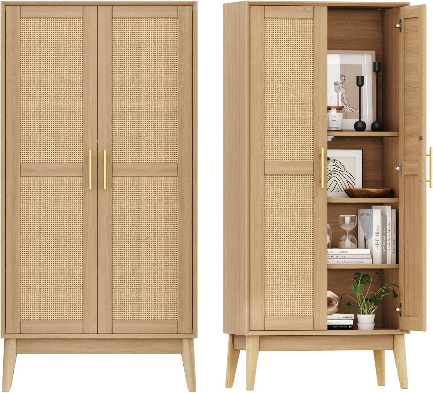 Keehusux 55" Rattan Tall Storage Cabinet, Kitchen Pantry with 2 Doors, Adujustable Shelf and Solid Wood Legs, Cupboard, Bathroom Floor Cabinet for Living Room, Dining Room, Natural KES020MCWG