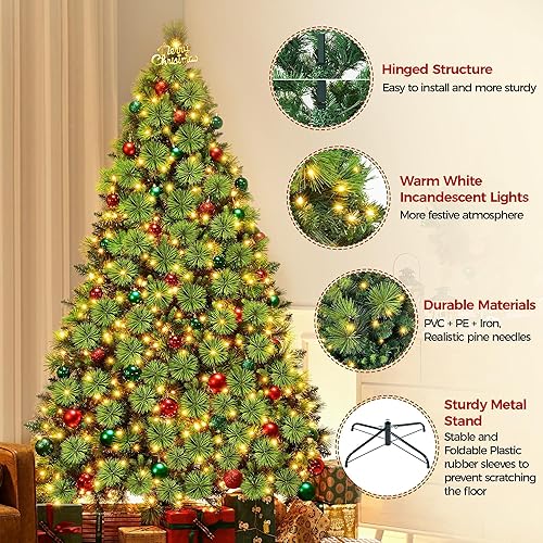 Miniatura 3 de Yaheetech Árbol de Navidad preiluminado de 7.5 pies con 600 luces incandescentes blancas cálidas, árbol realista con bisagras con 1365 puntas de