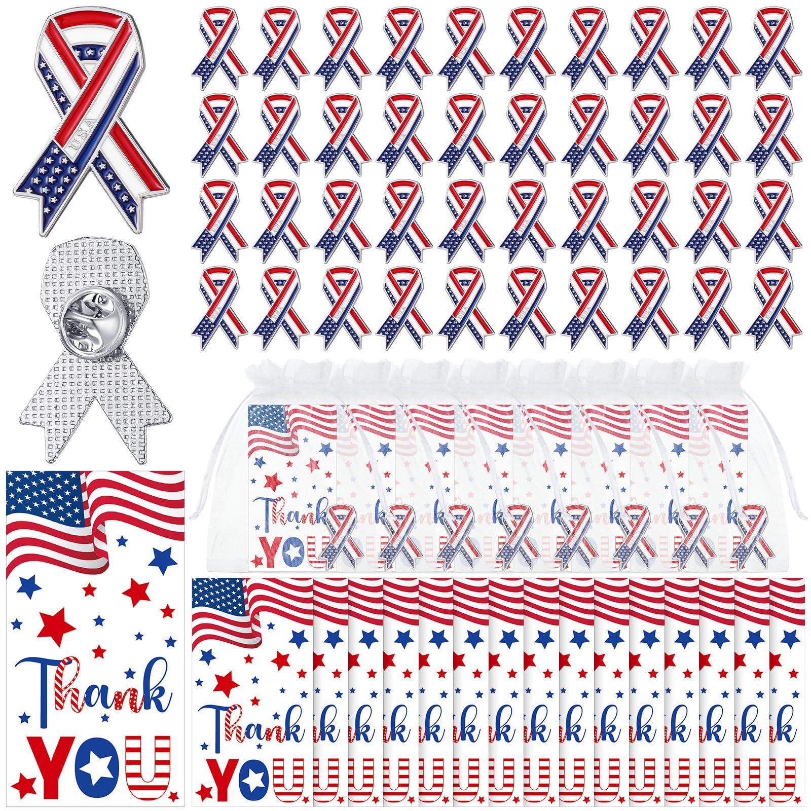 150 Pcs Veteran Label Pins Gift Bulk Patriotic American Flag Pins Thank You Cards Organza Bags (USA)