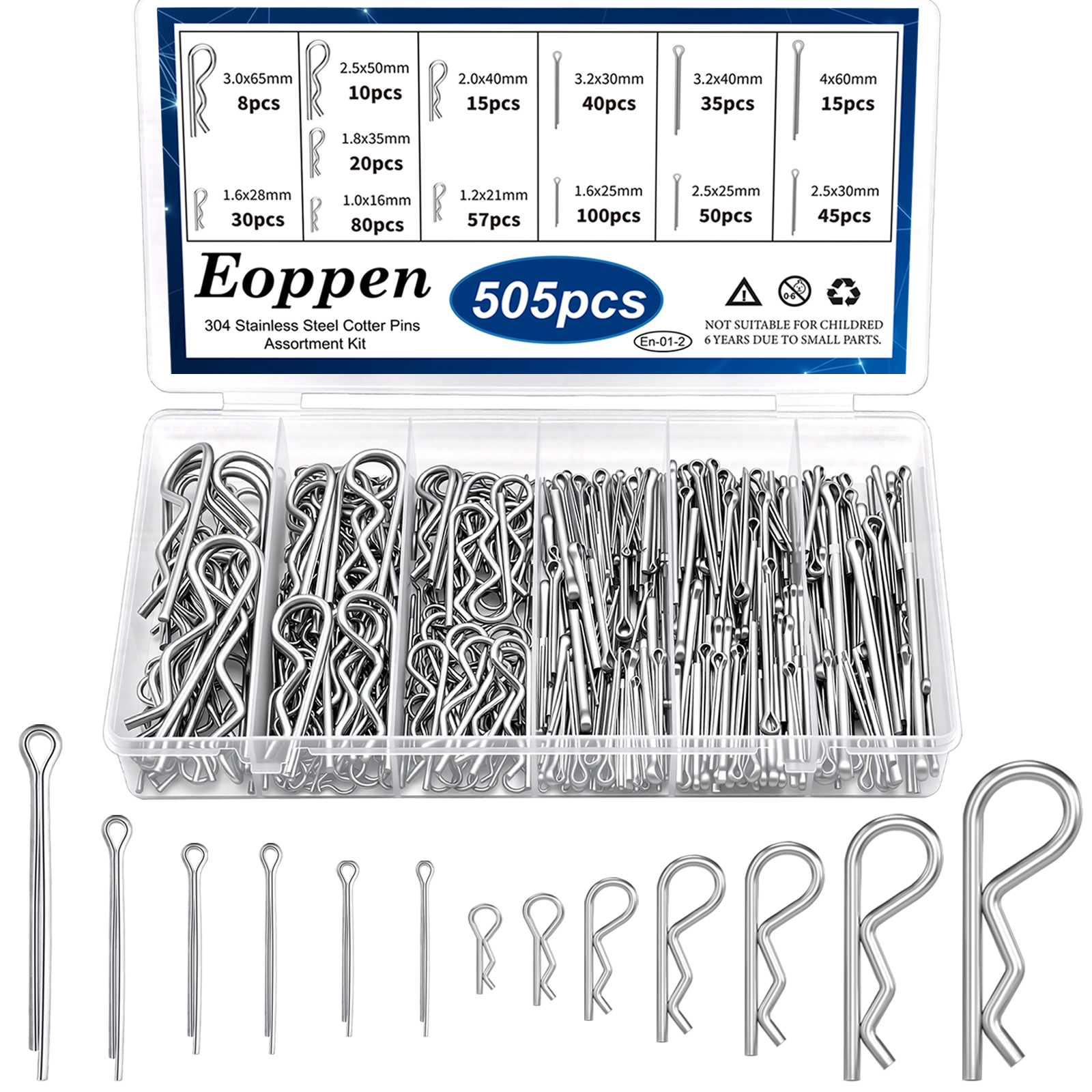 Image of 505Pcs Cotter Pin Assortment Kit - 304 Stainless Steel 13 Sizes Cotter Pins & R Clips Cotter Pin Set for Hitch Pin Lock Systems