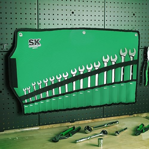Miniatura 8 de SK Juego de llaves de trinquete reversibles, juego de llaves combinadas, 16 piezas, métricas, 72 dientes, construcción CR-V premium, con bolsa