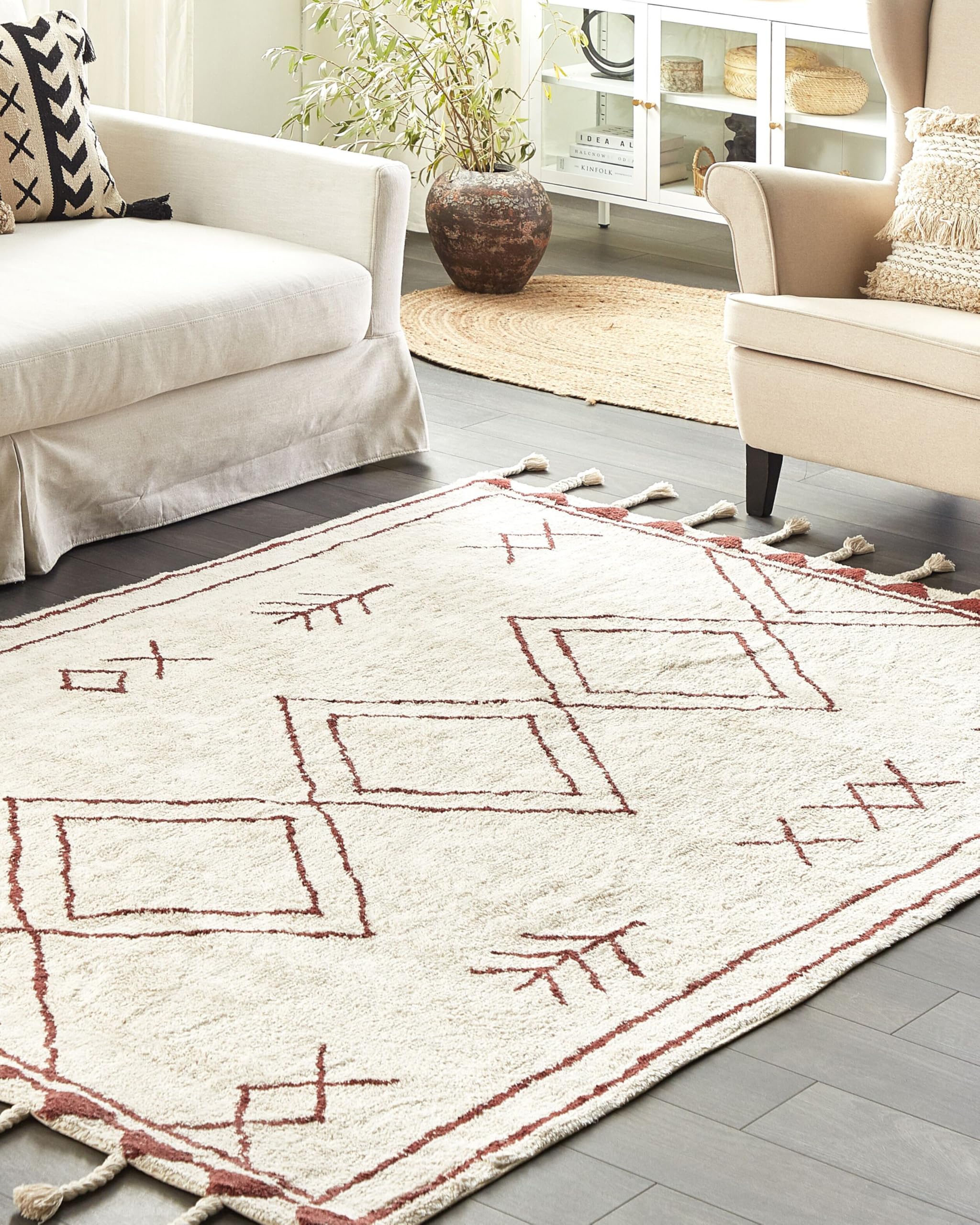 Beliani Tapis Moderne en Coton à Motifs avec Franges 160 x 230 cm Blanc et Rouge Kenitra