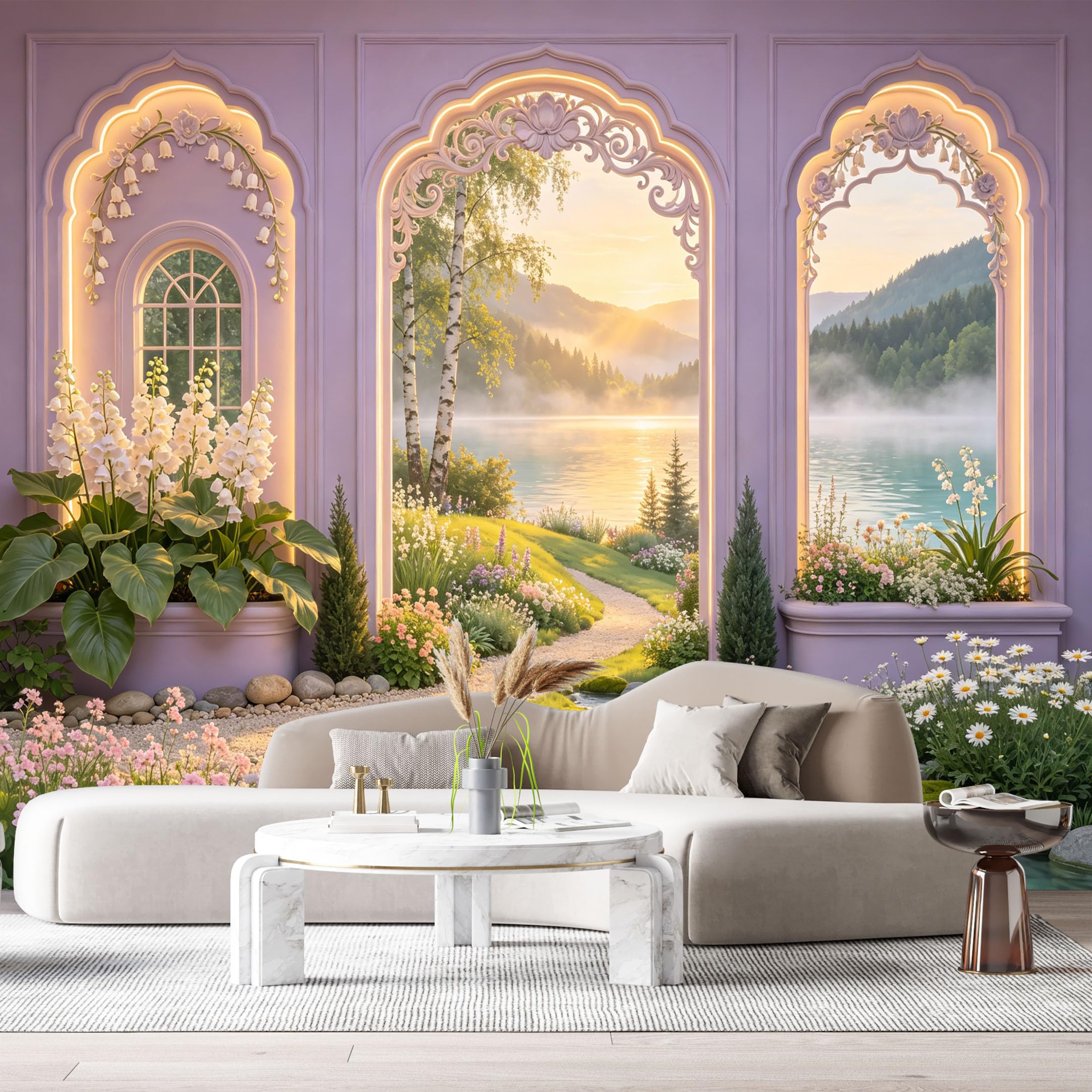 Custom Size Wall Murals Arch Window Lake Mountain Botanical 3D Trompe L'Oeil SelfAdhesive Wall Fabric Removable Large Wallpaper for Photo Living Room Interior Decor
