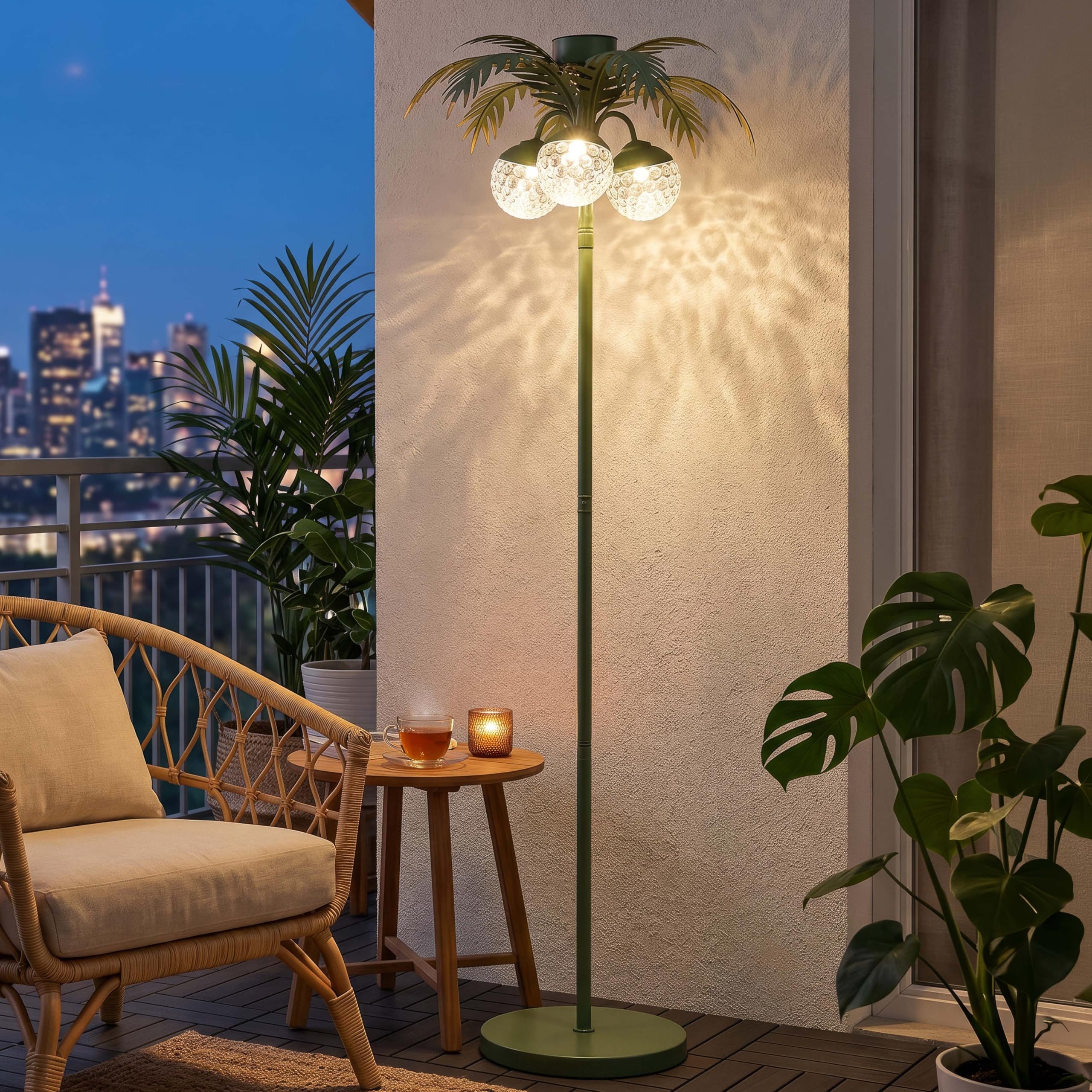 LED Solar Palme Stehleuchte Outdoor LED Gartenlampe mit Dämmerungssensor warmweiß 3000K IP44 wetterfest Balkon Terrasse Garten Solarleuchte mit Akku Metall