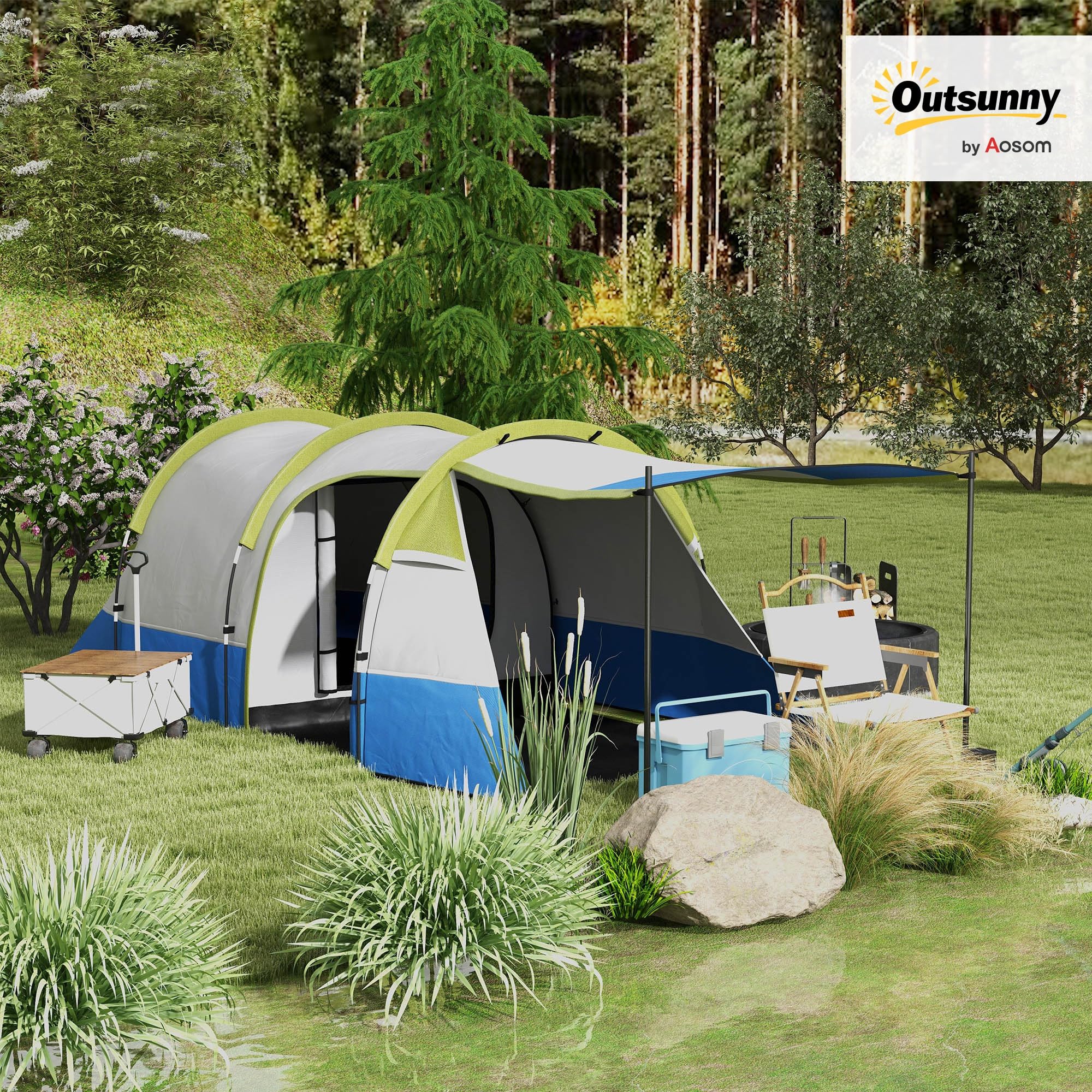 Outsunny Campingzelt, Tunnelzelt für 3 Personen, mit Lichthaken, Vorzelt, 2 Räumen, Familienzelt mit Tragetasche, 2000mm Wasserabweisend Pop Up Zelt für Camping, Garten