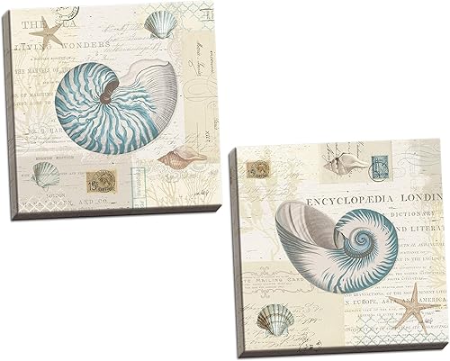 Gango Home Décor Hermoso juego de conchas marinas y estrellas de mar Nautilus de Katie Pertiet decoración costera dos lienzos estirados a mano de 12
