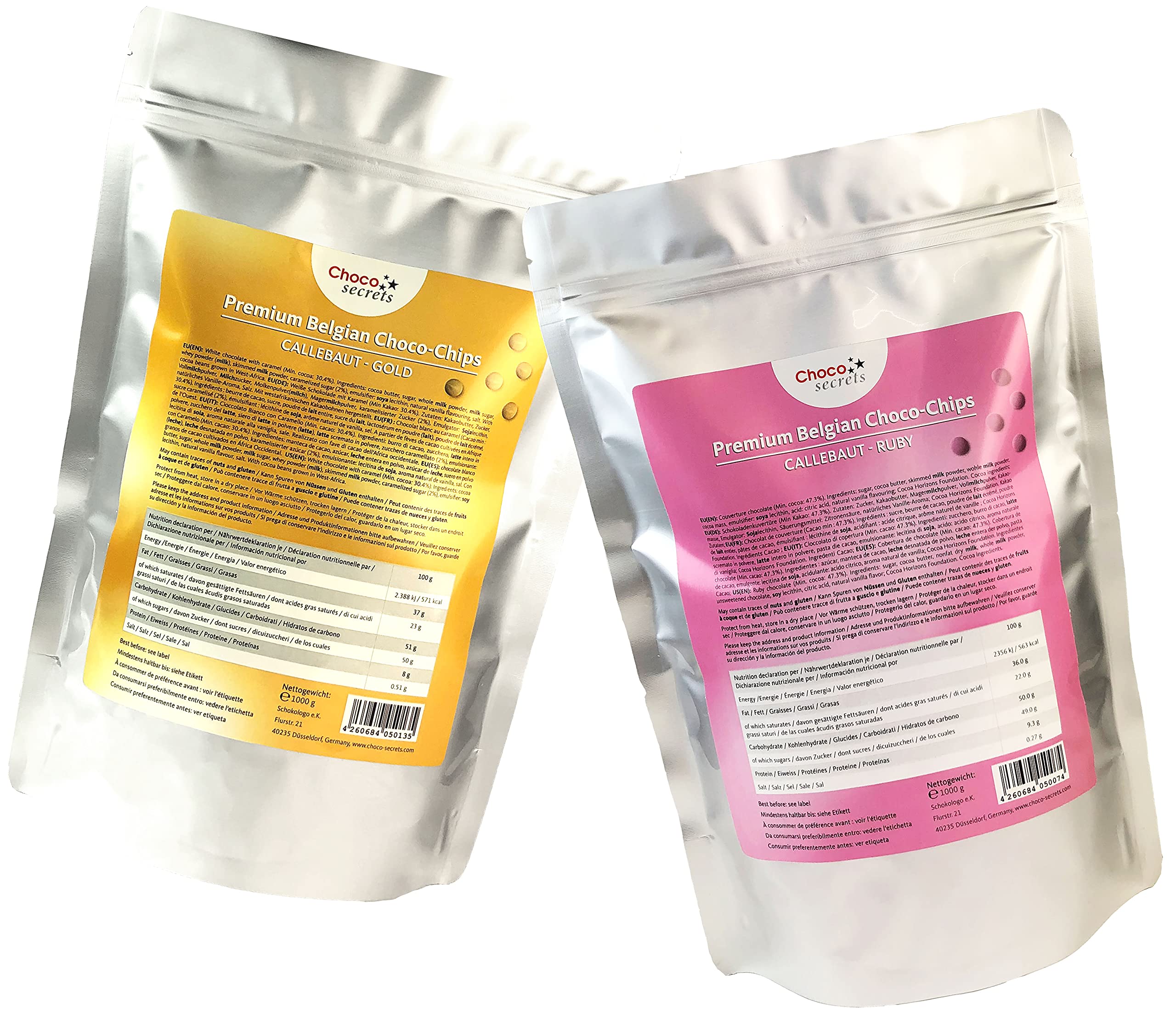 CHOCO SECRETS - Ruby- und Gold-Schokolade, jeweils 1 kg - Schoko-Chips - insgesamt 2 kg - im wiederverschließbaren Standbeutel - Premium Belgische Kuvertüre für Schokoladenbrunnen, Schoko-Fondue