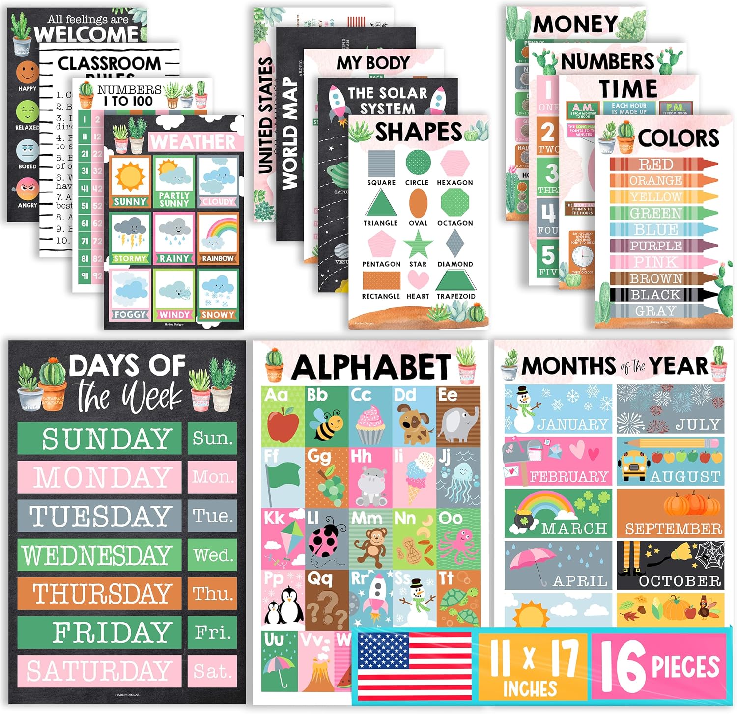 16 Laminated Toddler Learning Posters 1-3 for Preschool Classroom Decor