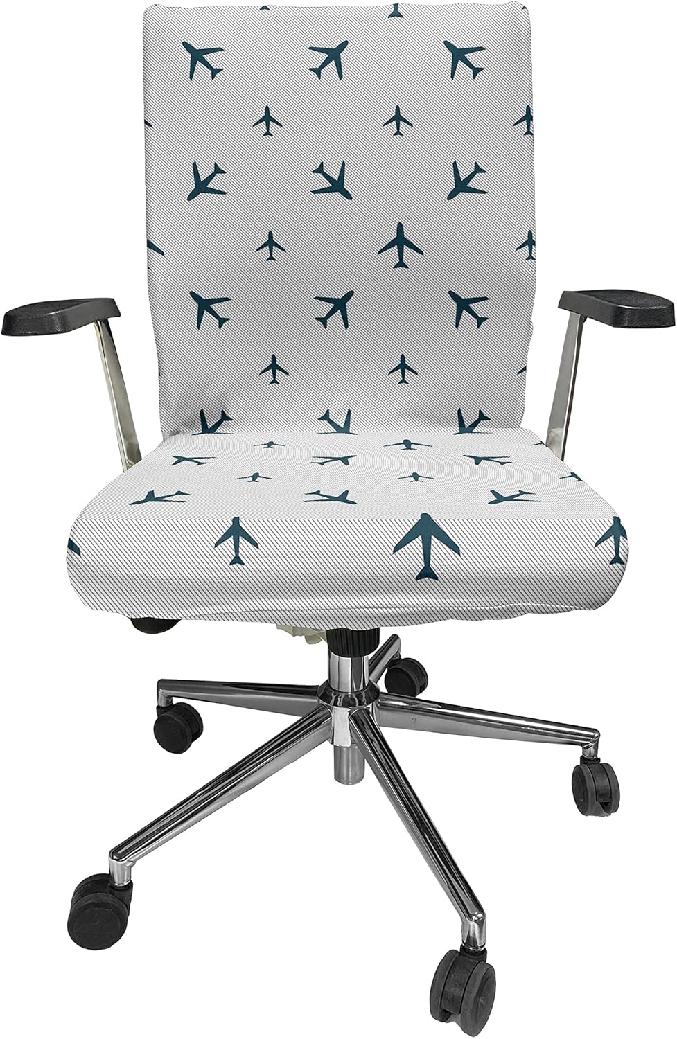 Ambesonne Airplane Office Chair Cover, Diagonal Stripes Travel Silhouettes Vacation Aviation, Stretchable Decorative Universal Size High Back Printed Slipcover, Petrol Blue