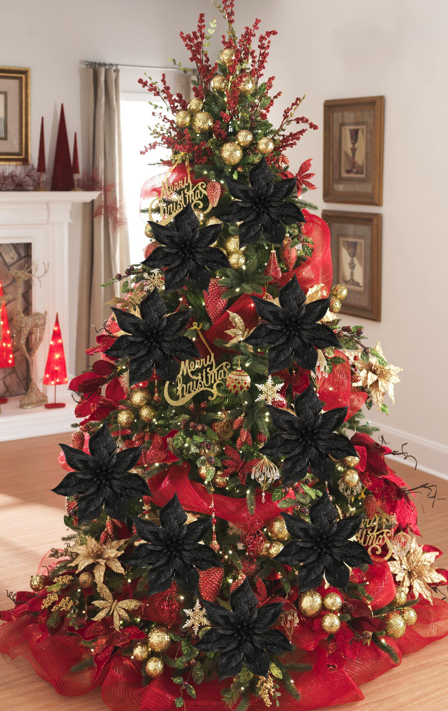 Briful 9'' Poinsettia Christmas Flowers 8PCS Black Glitter Floral Picks