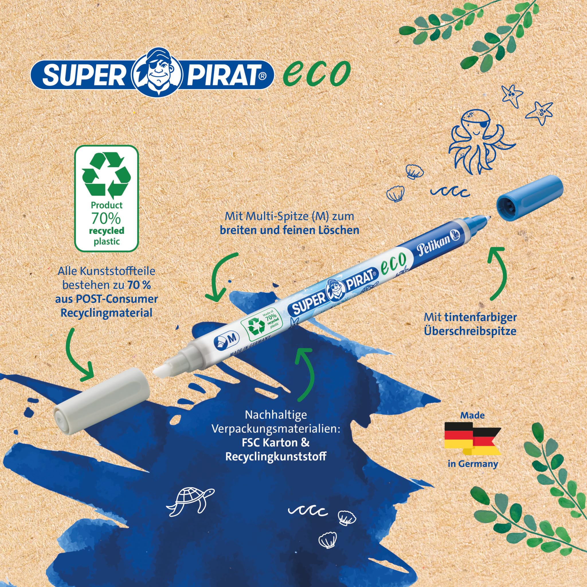 Pelikan Super Pirate Eco Ink Eraser, ancho de línea M (multipunta), eliminador de tinta para borrar y sobrescribir, paquete de 2