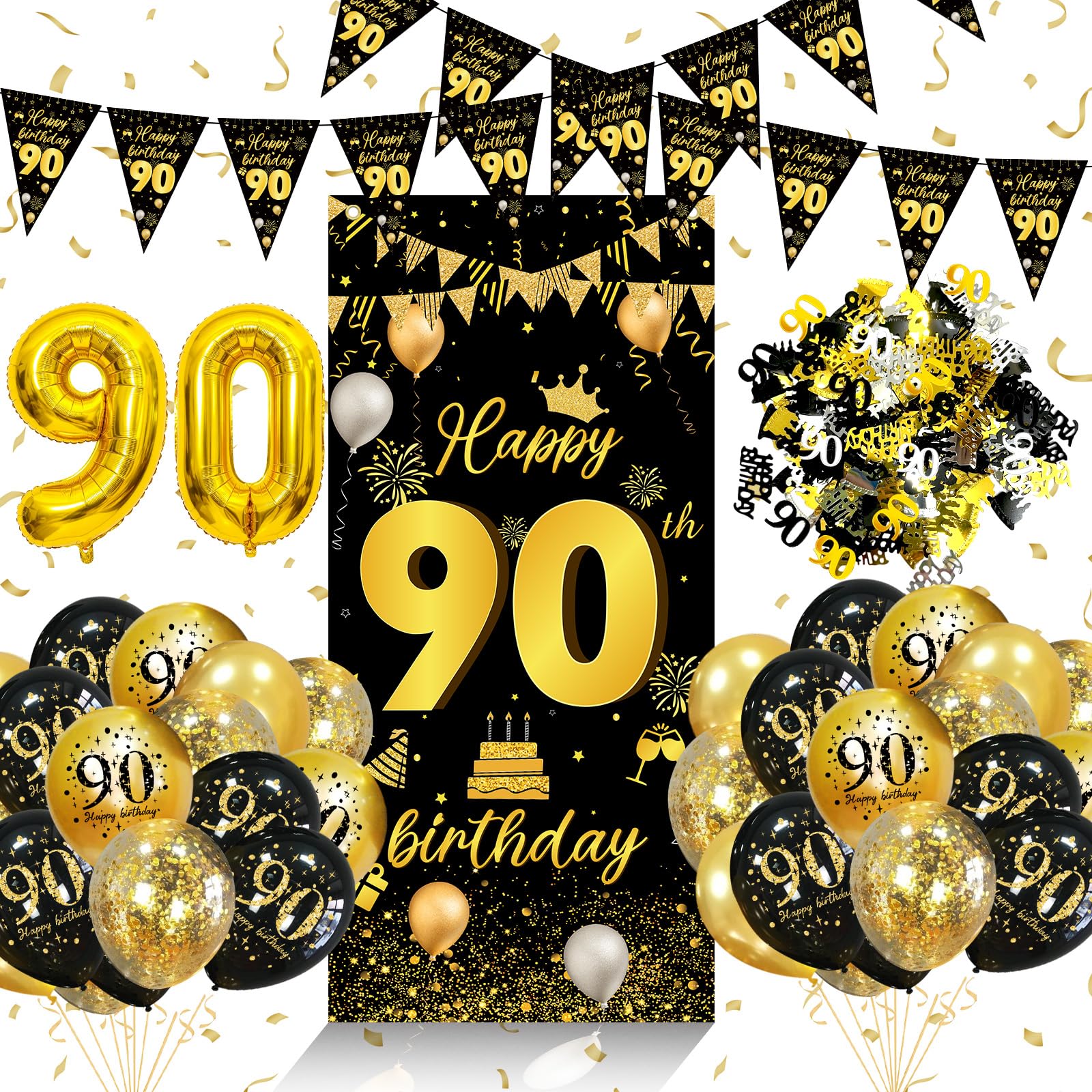 Black Gold 90th Birthday Decorations Men Women, 90th Party Decorations