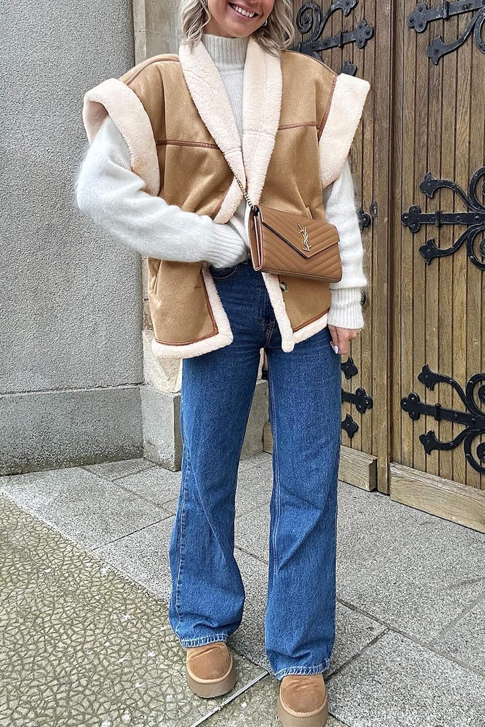 Cicy Bell Womens Suede Sherpa Vest Faux Fur Shearling Jacket Oversized Cap Sleeve Button Down Winter Coats - Image 4