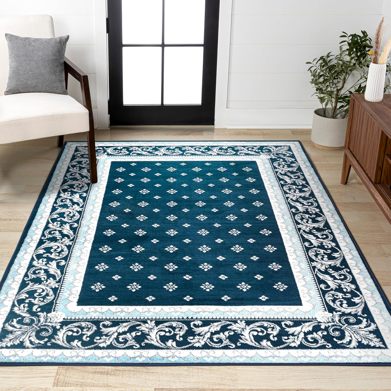 JONATHAN Y Acanthus French Border Navy/Blue Indoor Area Rug, 4x6, Vintage, Bohemian, Easy-Cleaning for Living Room, Bedroom, Kitchen, Pet Friendly, Non-Shedding (MDP504C-4)