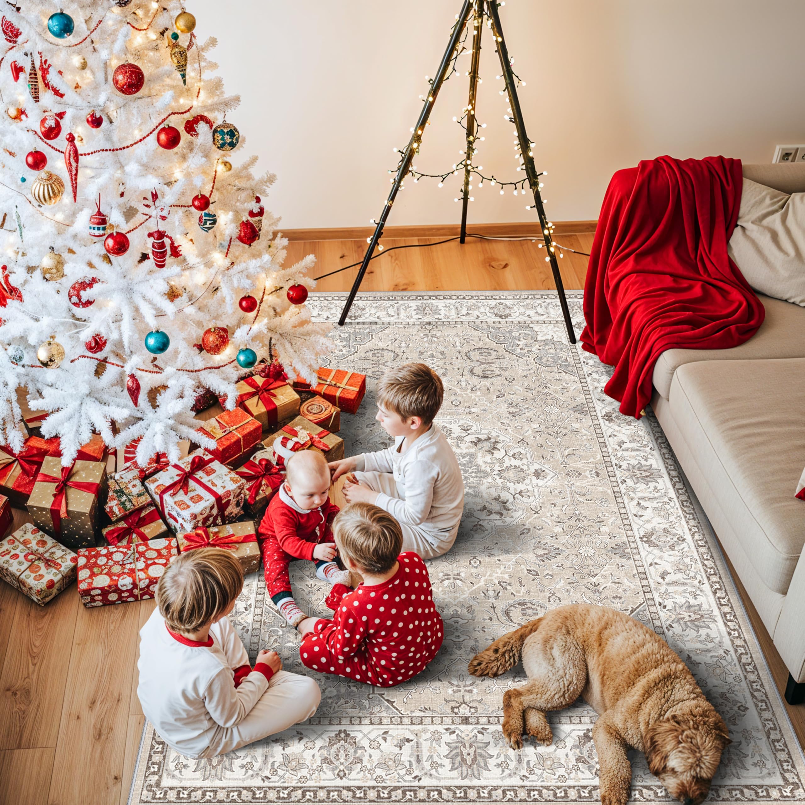 4x5 Living Room Area Rugs: Washable Farmhouse Bedside Rugs Non Slip Low Pile Vintage Small Carpet for Kitchen Bedroom Non-Shedding Printed Floor Mat for Nursery Room Office Dining Room(4x5,Beige) 4' x 5' (Rectangular) Beige