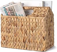 StorageWorks Water Hyacinth Divided Magazine Basket - Hand-Woven Wicker Holder with Handles for Bathroom, Office, Natural Rattan Rack