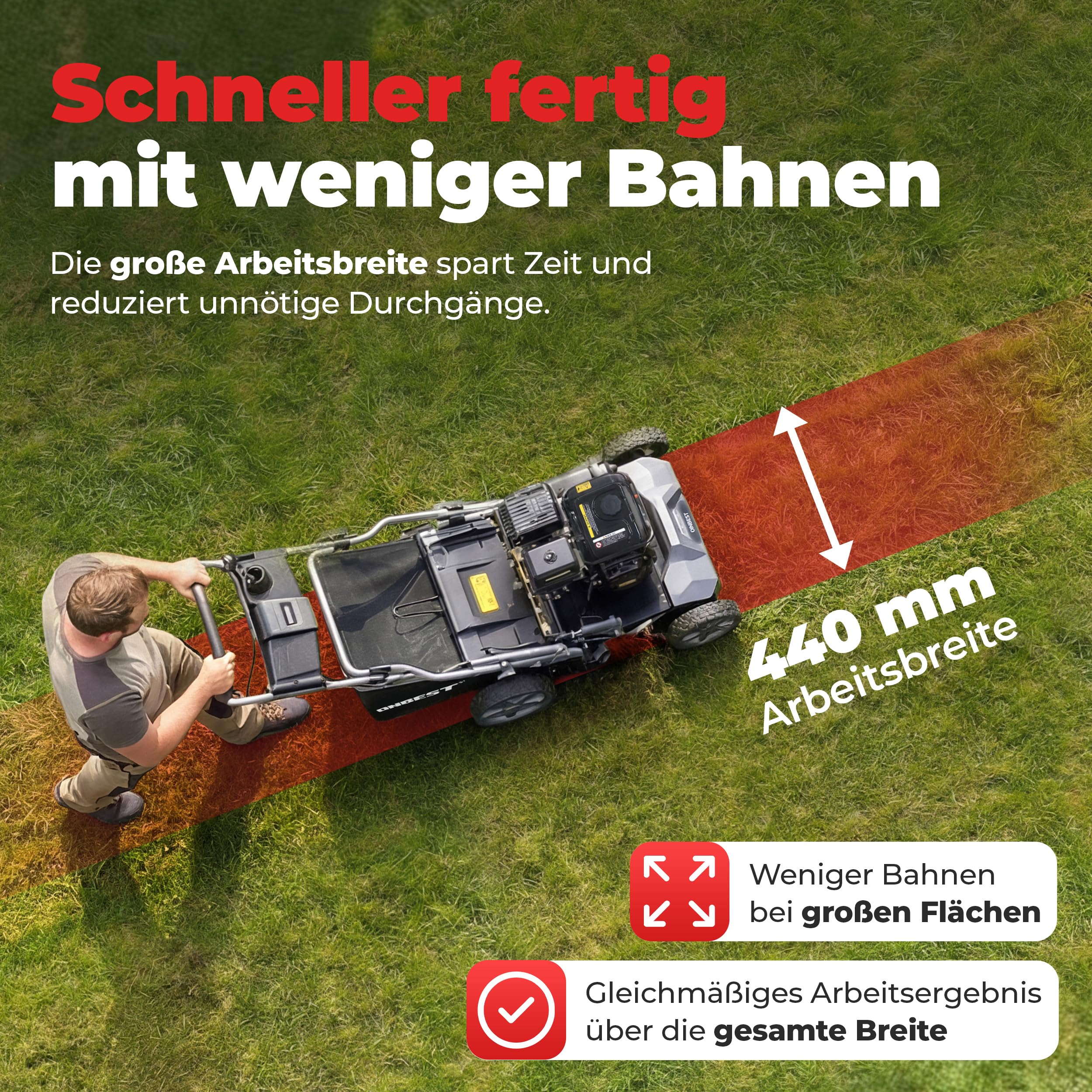 ONBEST Benzin Vertikutierer 4,5 kW 6,12 PS 440 mm | Rasenvertikutierer und Rasenlüfter mit Messer- und Federkrallenwalze, 45 L Fangkorb und 6 Tiefenstufen