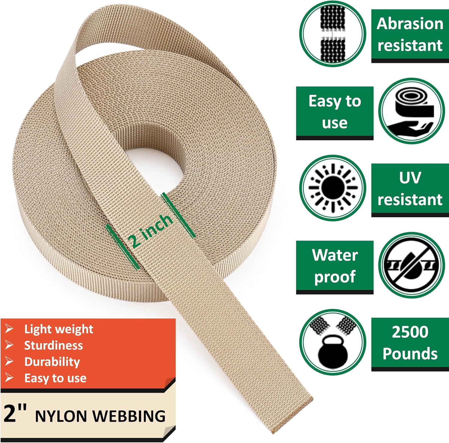 2 Inch Nylon Webbing Strap with Plastic Tri-Glide Slide Clips, 10 25 50 Yards Heavy Duty Nylon Strapping for Indoor or Outdoor Gear, DIY Crafting, Repairing