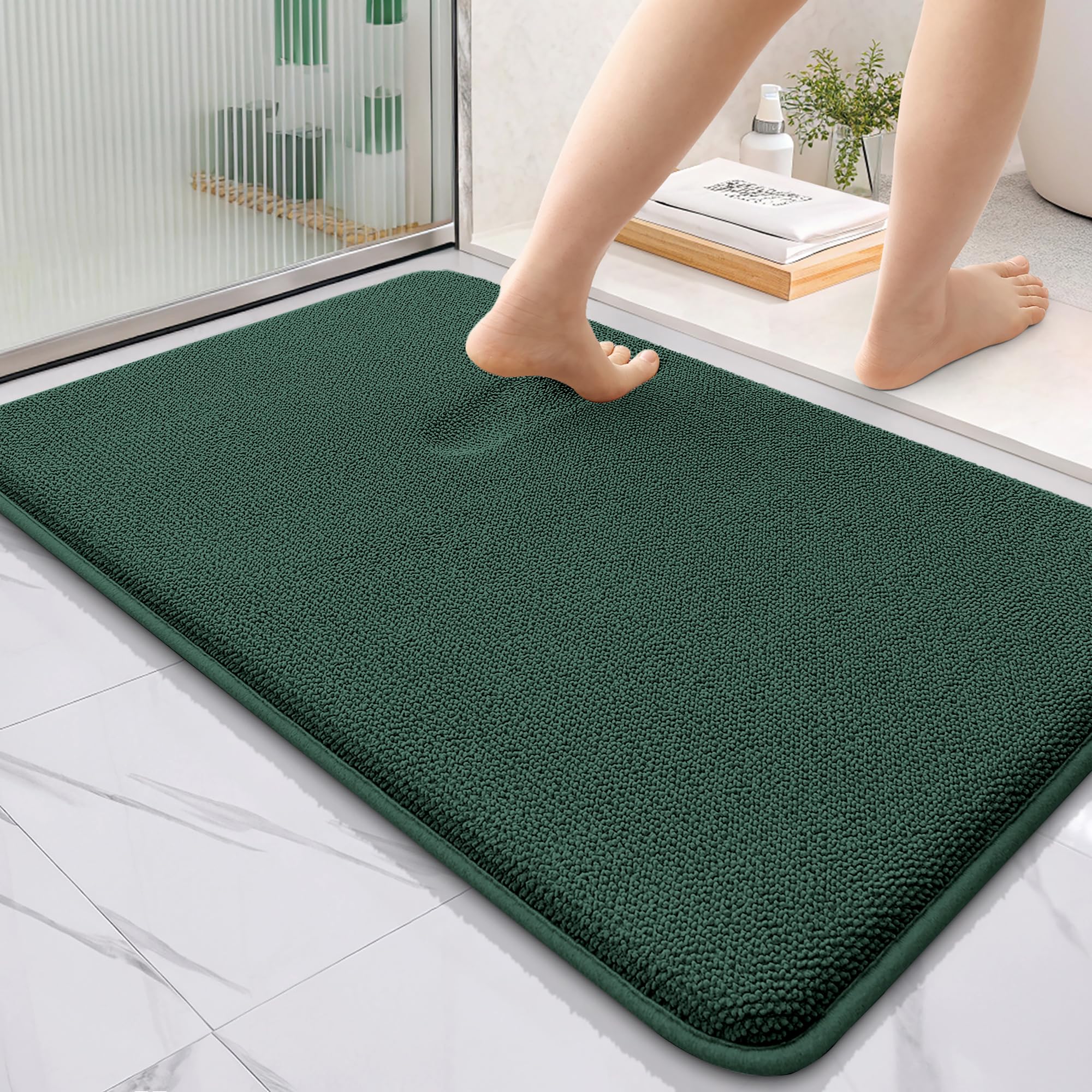 OLANLY Memory Foam Bathroom Rugs 36x24, Absorbent Bath Mat, Blackish Green