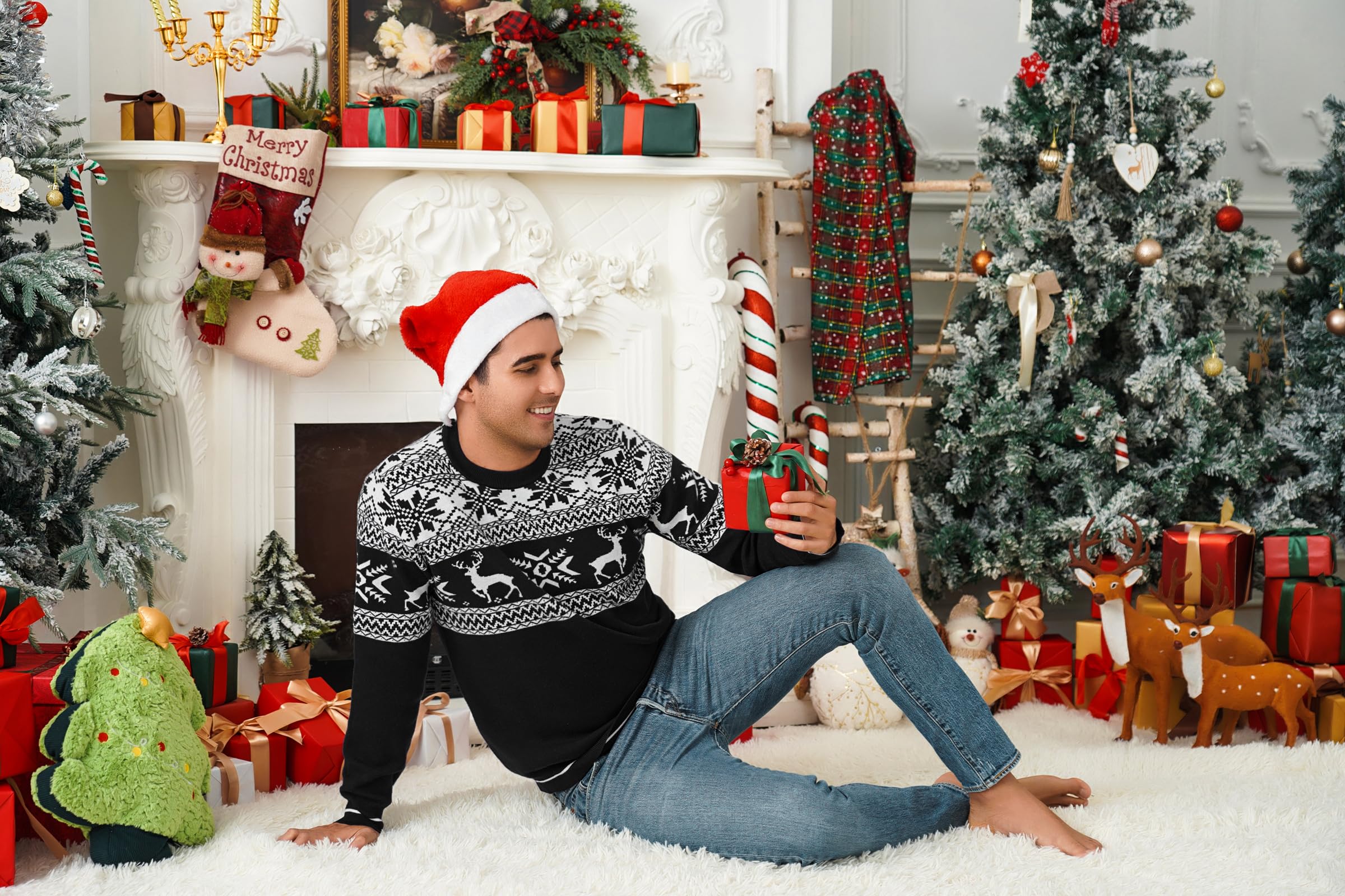 Pull de Noël Homme Col Rond Motif Renne | Motif renne et flocon, col rond et manches longues pour les fêtes, les soirées d’hiver et les cadeaux de Noël.