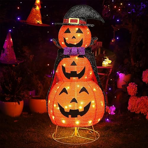 Lulu Home Decoración de Halloween iluminada de 3.5 pies, 60 calabazas LED plegables apiladas con capa de vampiro, enchufable preiluminado