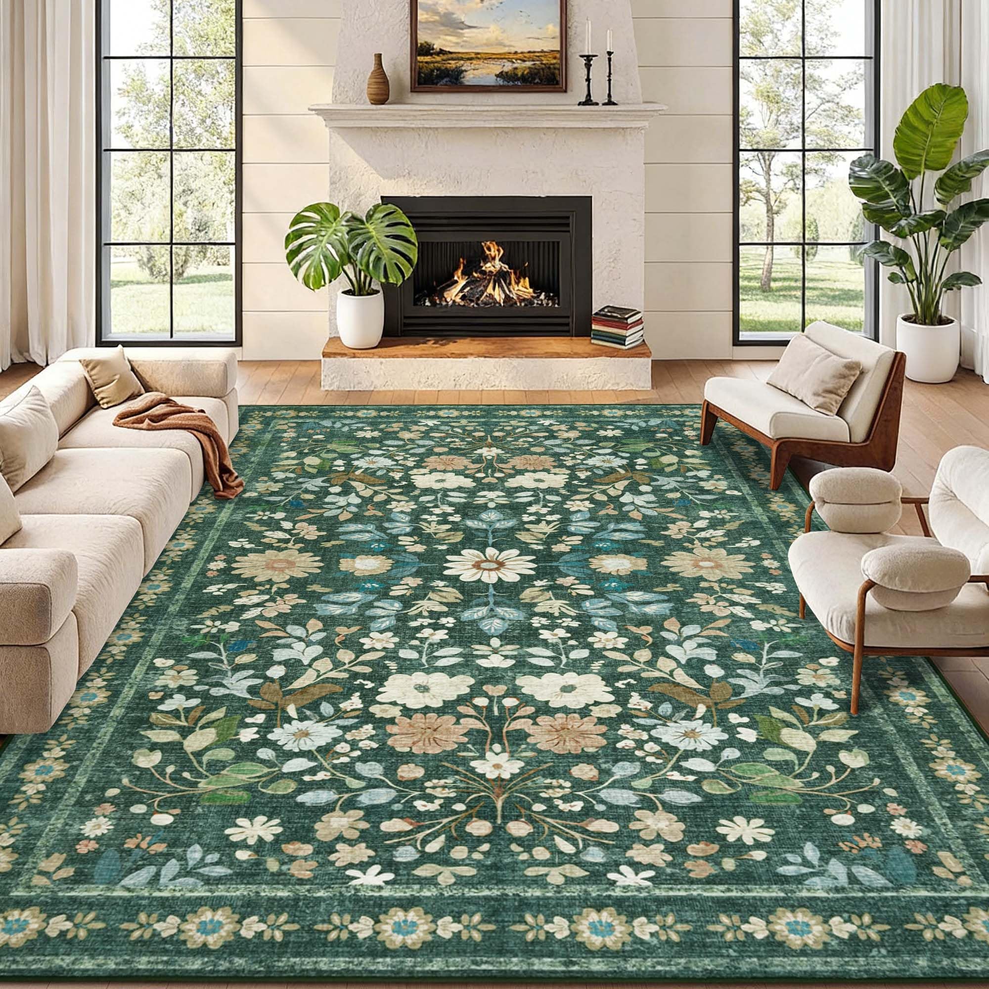 Homcomodar Green Large Rugs for Living Room 200x300cm Washable Area Rugs for Bedroom Boho Vintage Rug Soft Short Pile Rug Non Slip Floor Carpet for Living Room Dining Kitchen Office Decor โ image 1