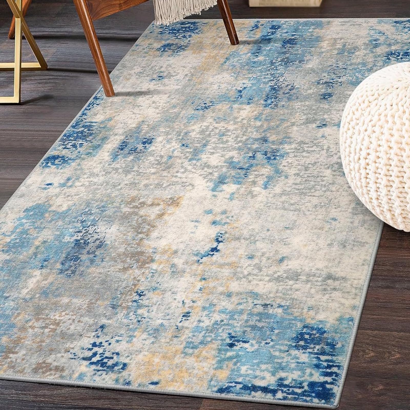 Tapis salon decoration abstrait moderne jaune bleu 180x210 cm