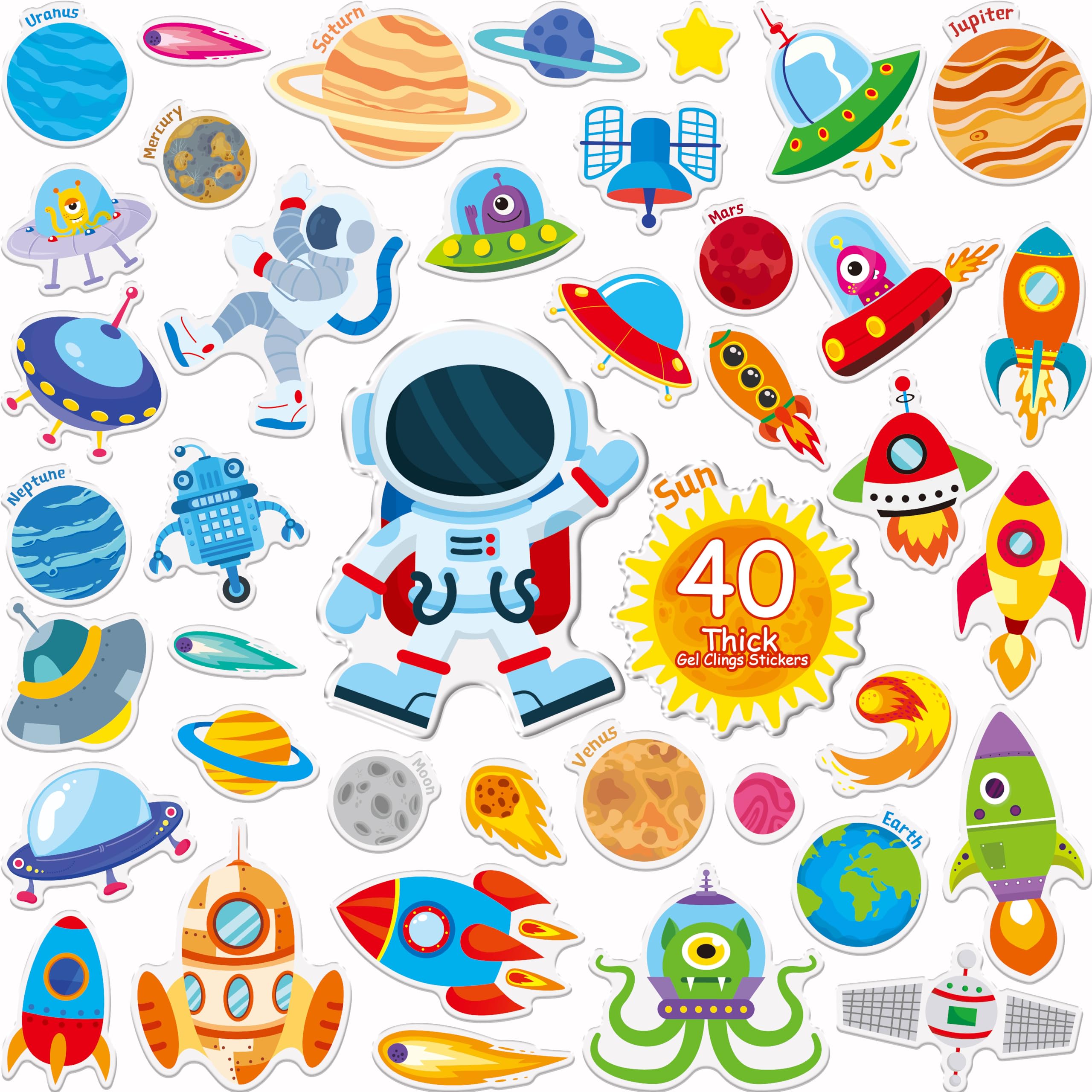 40PCS Space Jelly Stickers, Universe Thick Window Door Clings Removable Reusable Planet Gel Clings Decals for Kids Toddlers Adults Home Classroom Nursery Decorations Party Supplies (Not Edible)